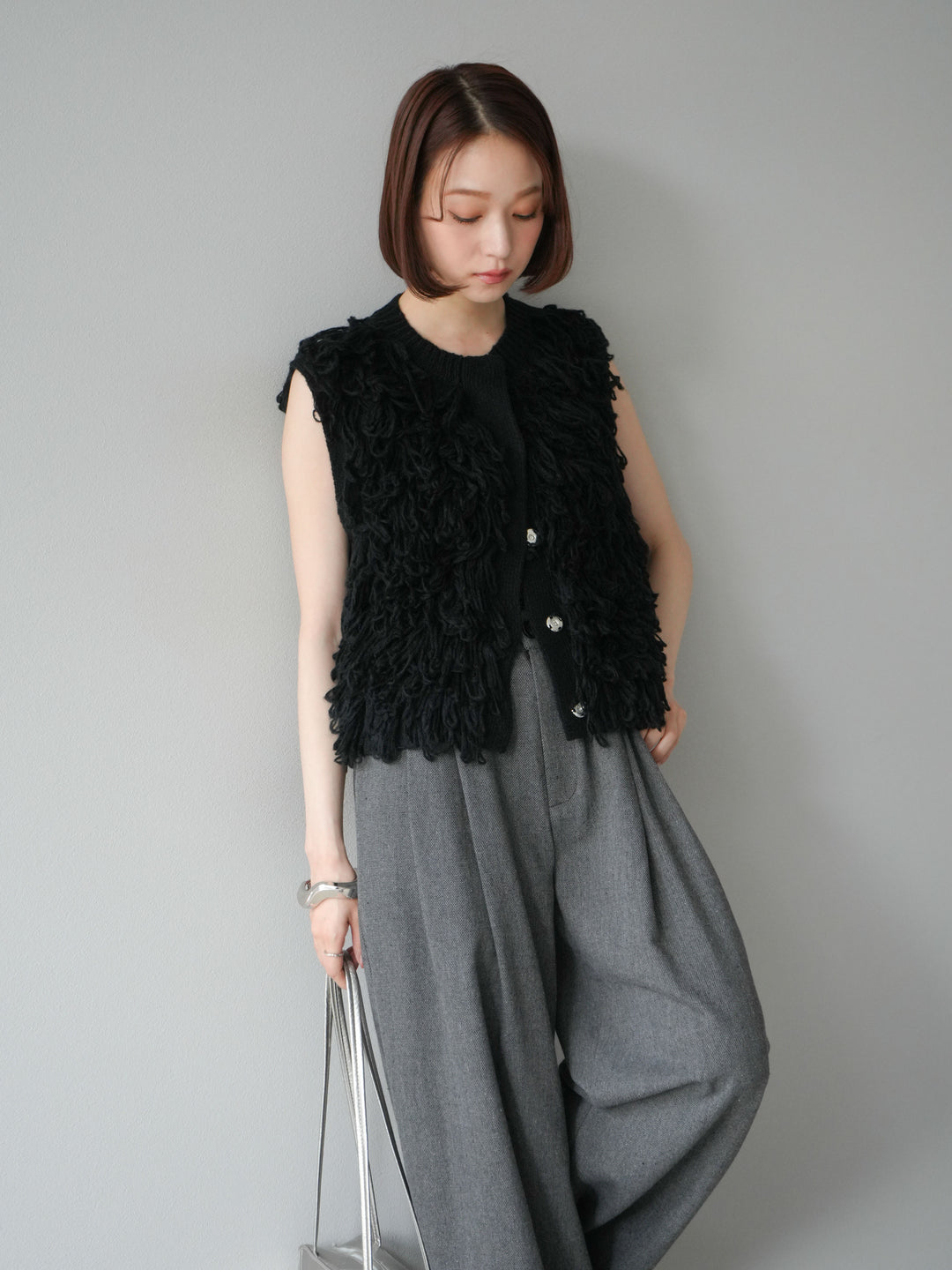 [予約]前開きループニットベスト/ブラック