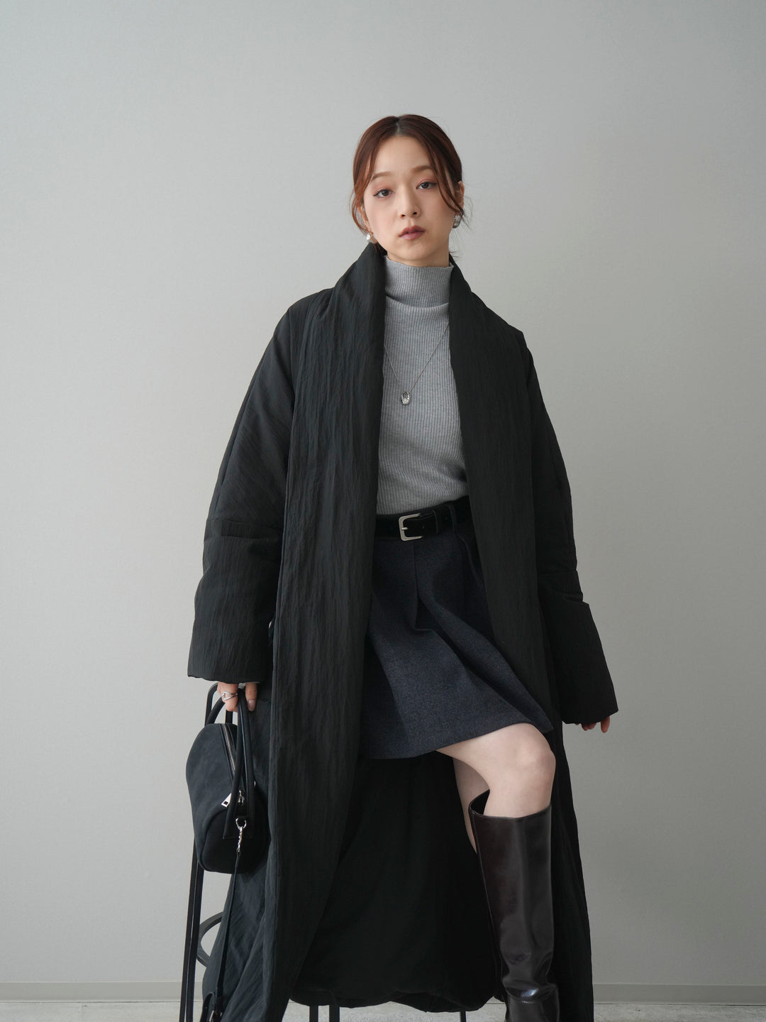 [SET]ロングダウンコート+ベルト付きタックミニスカート(2set)