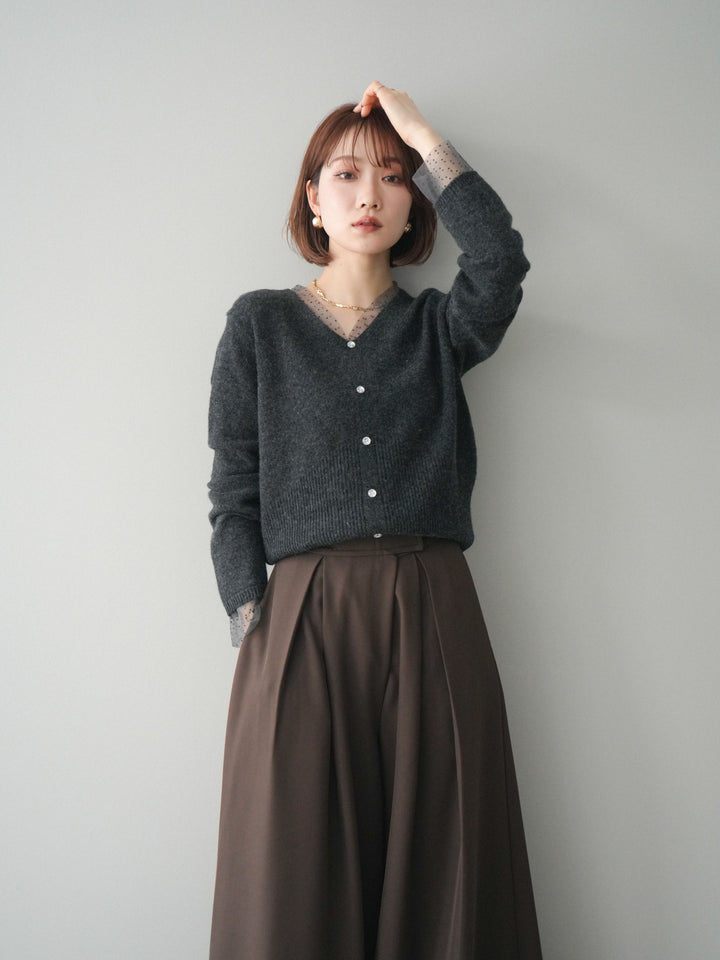 [SET]ドットチュールレイヤードボタンニットトップス+テープベルトタックバギーパンツ(2set)