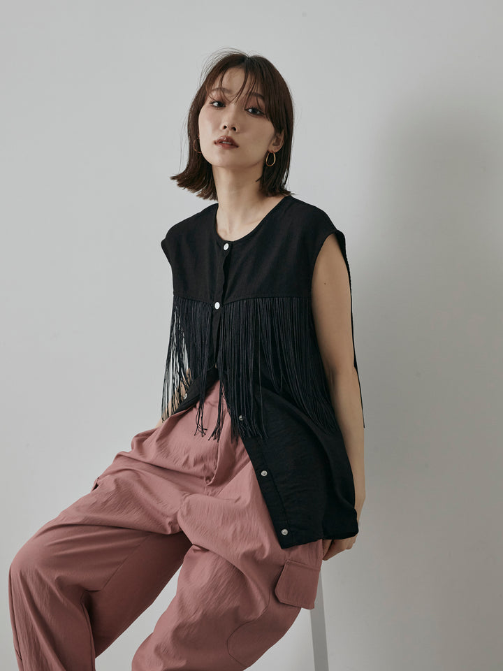 【預購】流蘇無袖上衣/黑色
