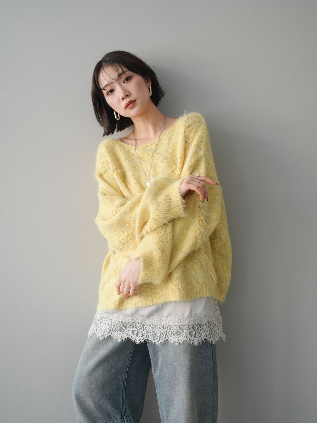 [予約]シャギーデザインニットプルオーバー/yellow