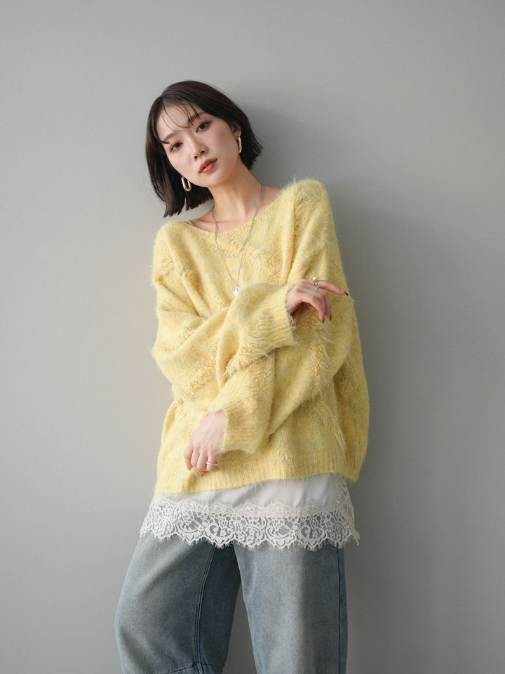 [予約]シャギーデザインニットプルオーバー/yellow