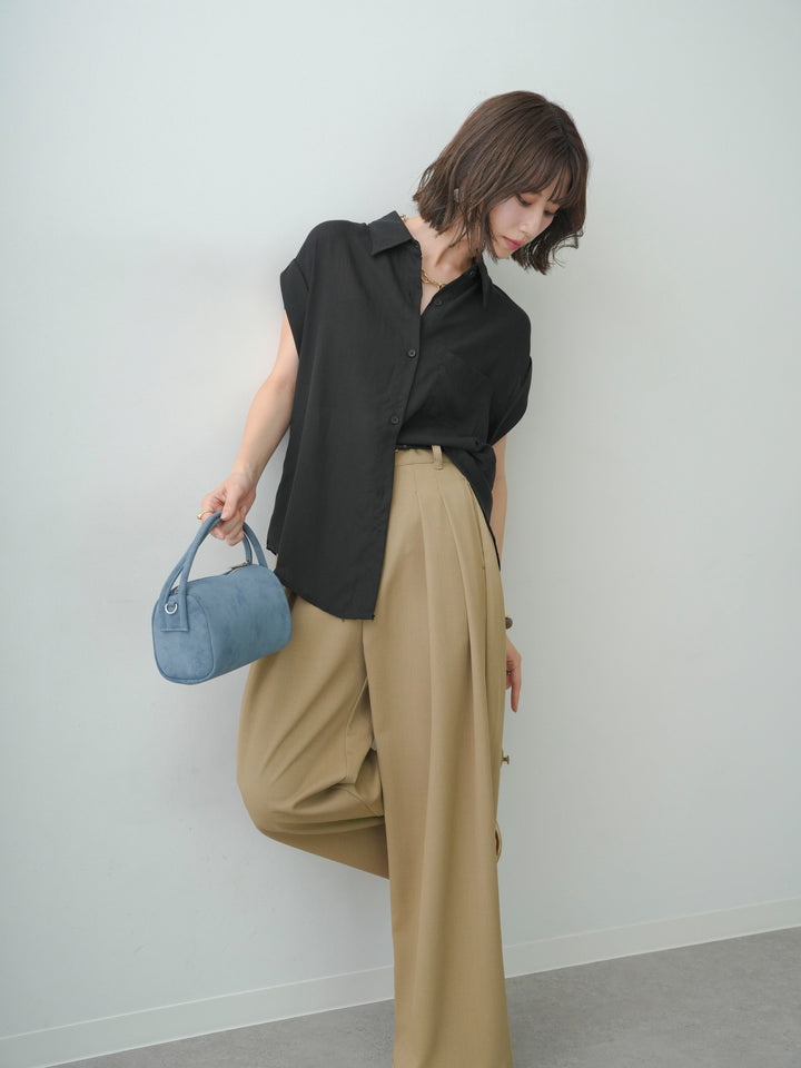 [SET]バックレースフレンチシャツ+クレープデシンタックワイドパンツ(2set)