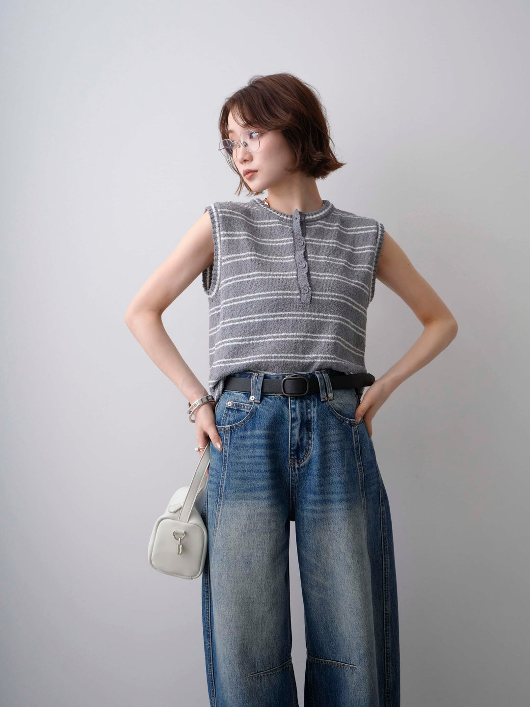 [SET]ボーダーヘンリーノースリニットトップス+立体カーブデニムパンツ(2set)