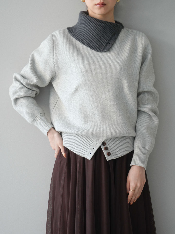 [予約]デザインネックバイカラーニットプルオーバー/gray