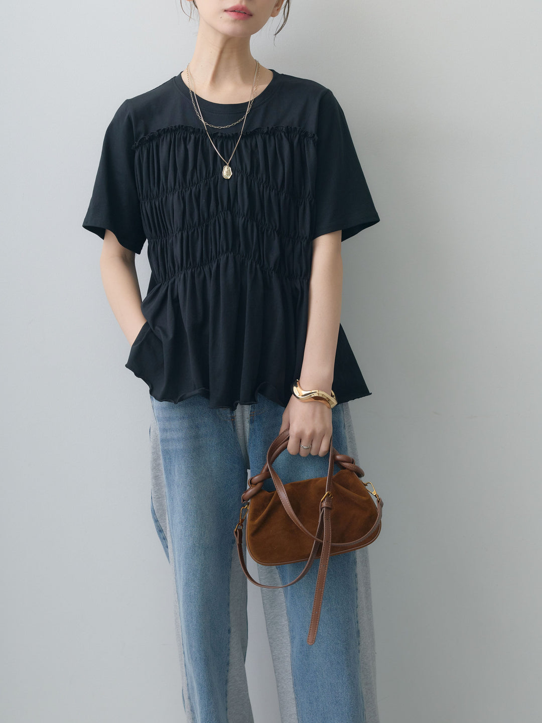 [SET]クールタッチシャーリングTEE+デニム切替スウェットパンツ(2set)