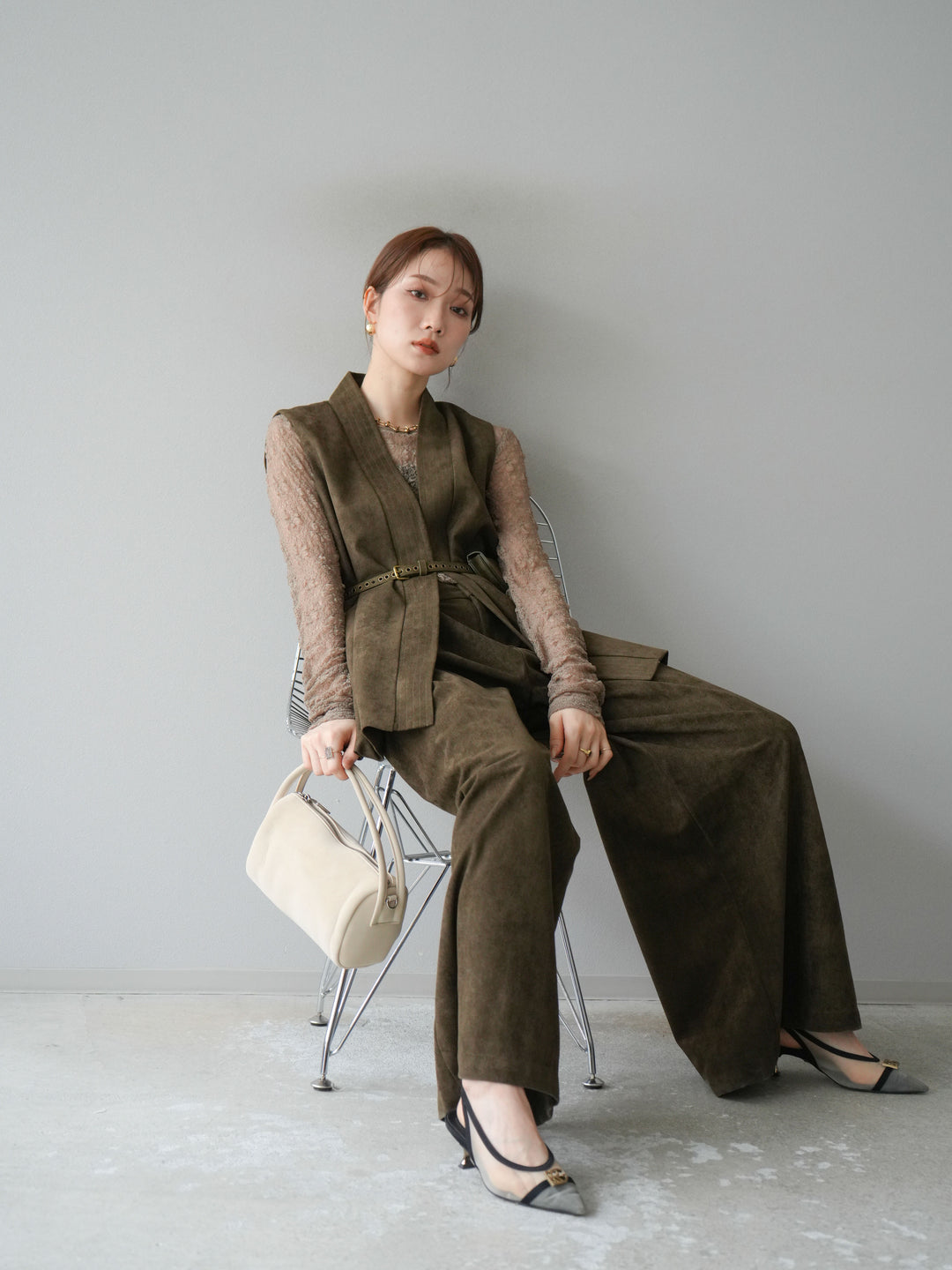 [SET]ポーチベルト付スウェードジレ×パンツSET UP(2set)