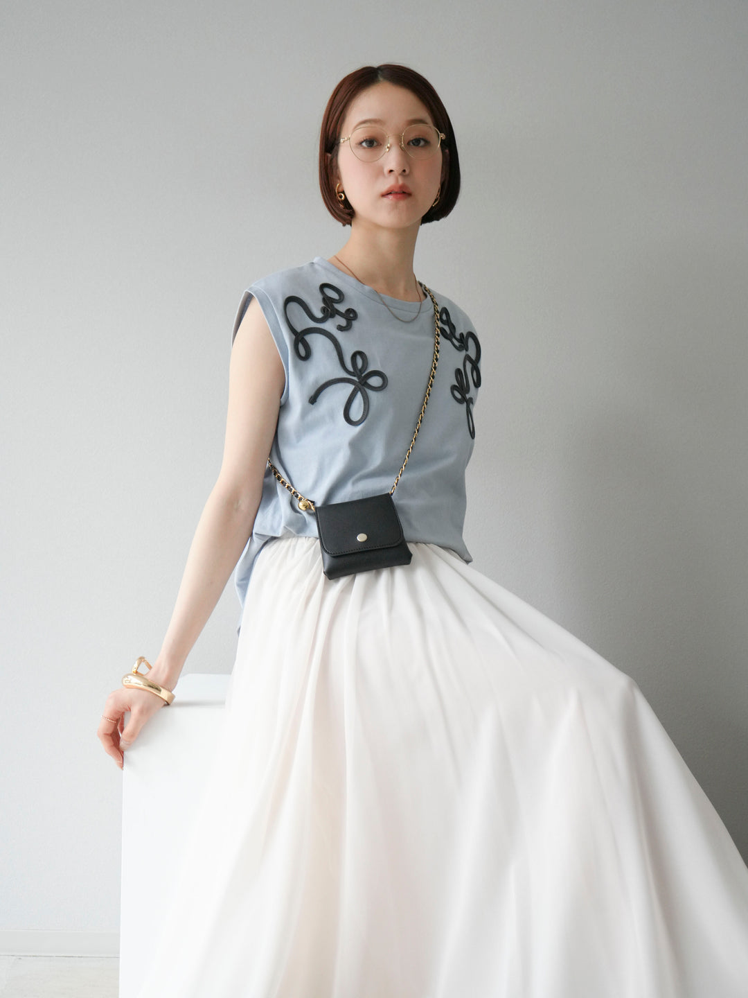 [SET] 繩繡法式袖T卹+雪紡喇叭裙（2件組）