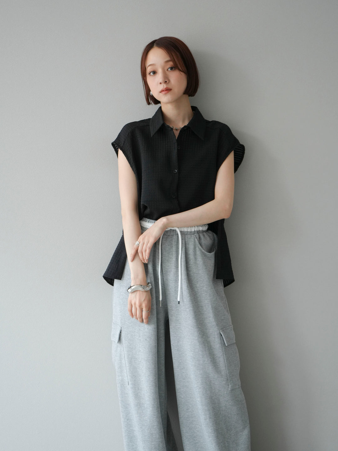 [予約]シアーチェックノースリーブシャツ/ブラック