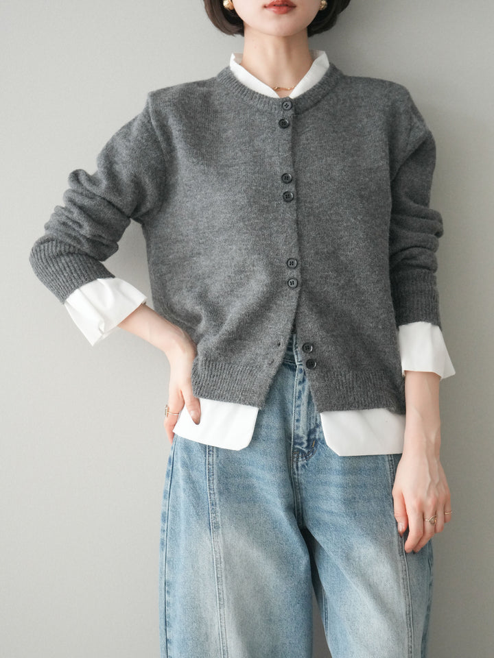 [SET]布帛ドッキングニットカーディガン+ガーメントウォッシュカーブデニムパンツ(2set)