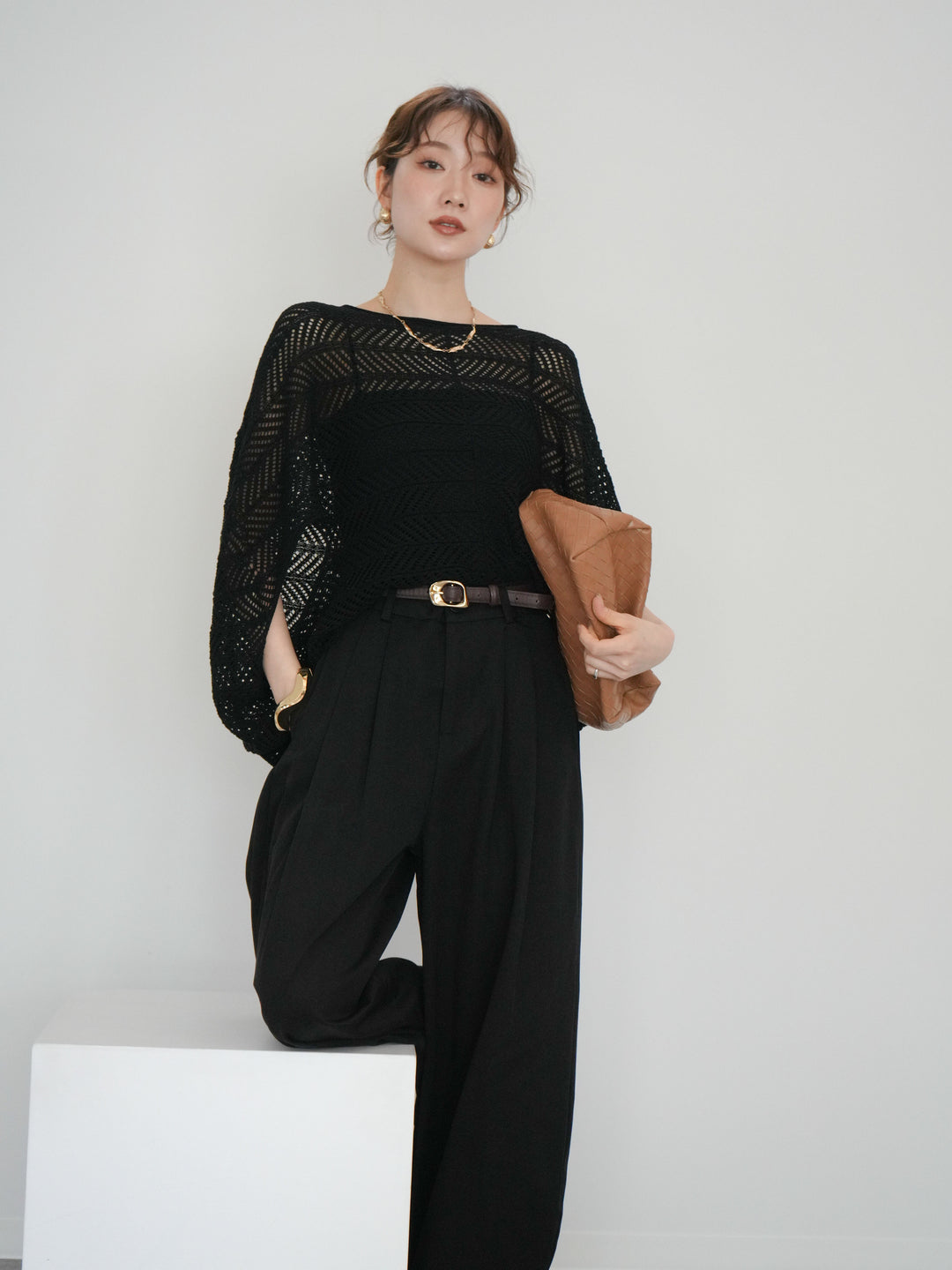 [予約]シアーポンチョニットトップス/black