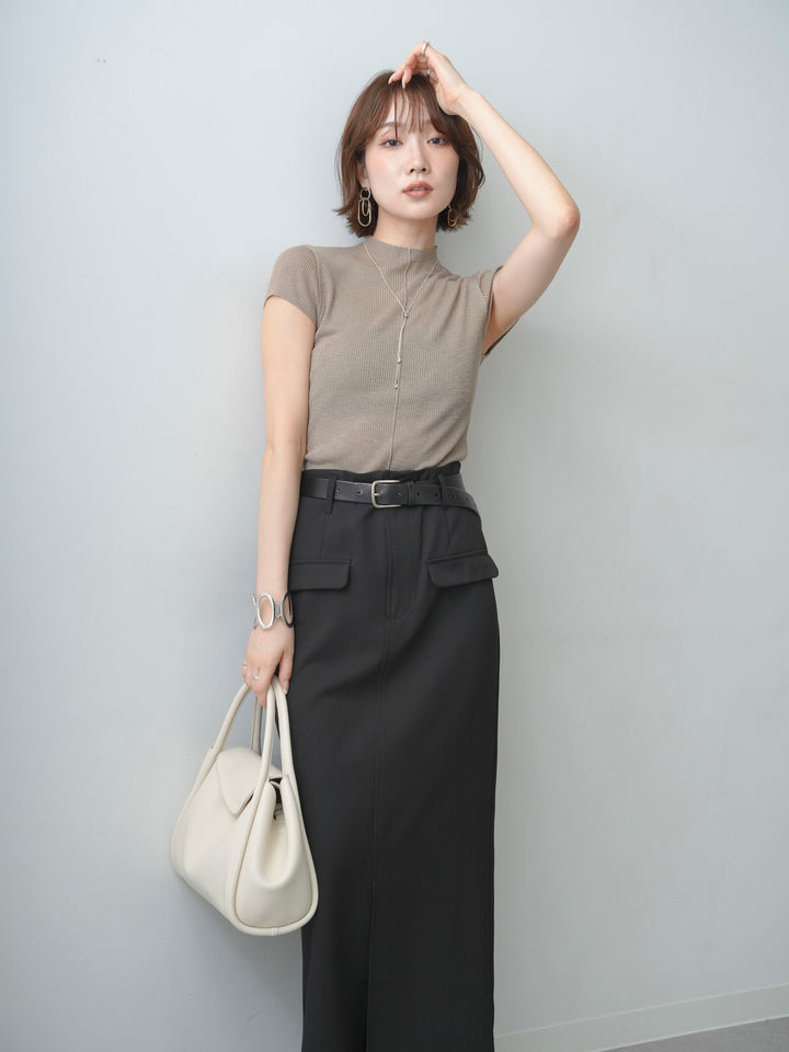 [SET]シアーバックボタンリブニットトップス+クレープデシンフラップ付きストレートスカート(2set)