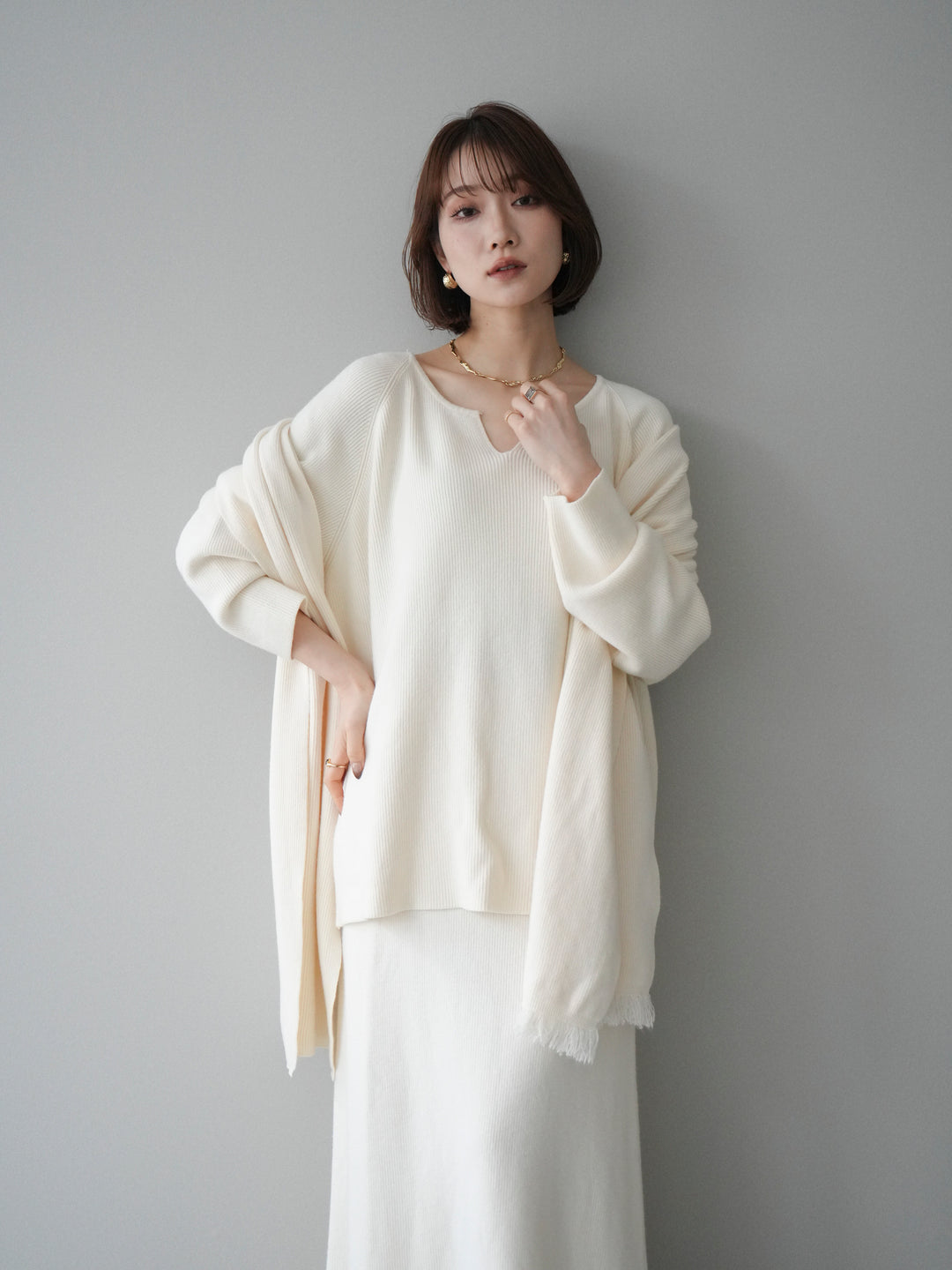 [SET]ストール付キーネックニットSET UP