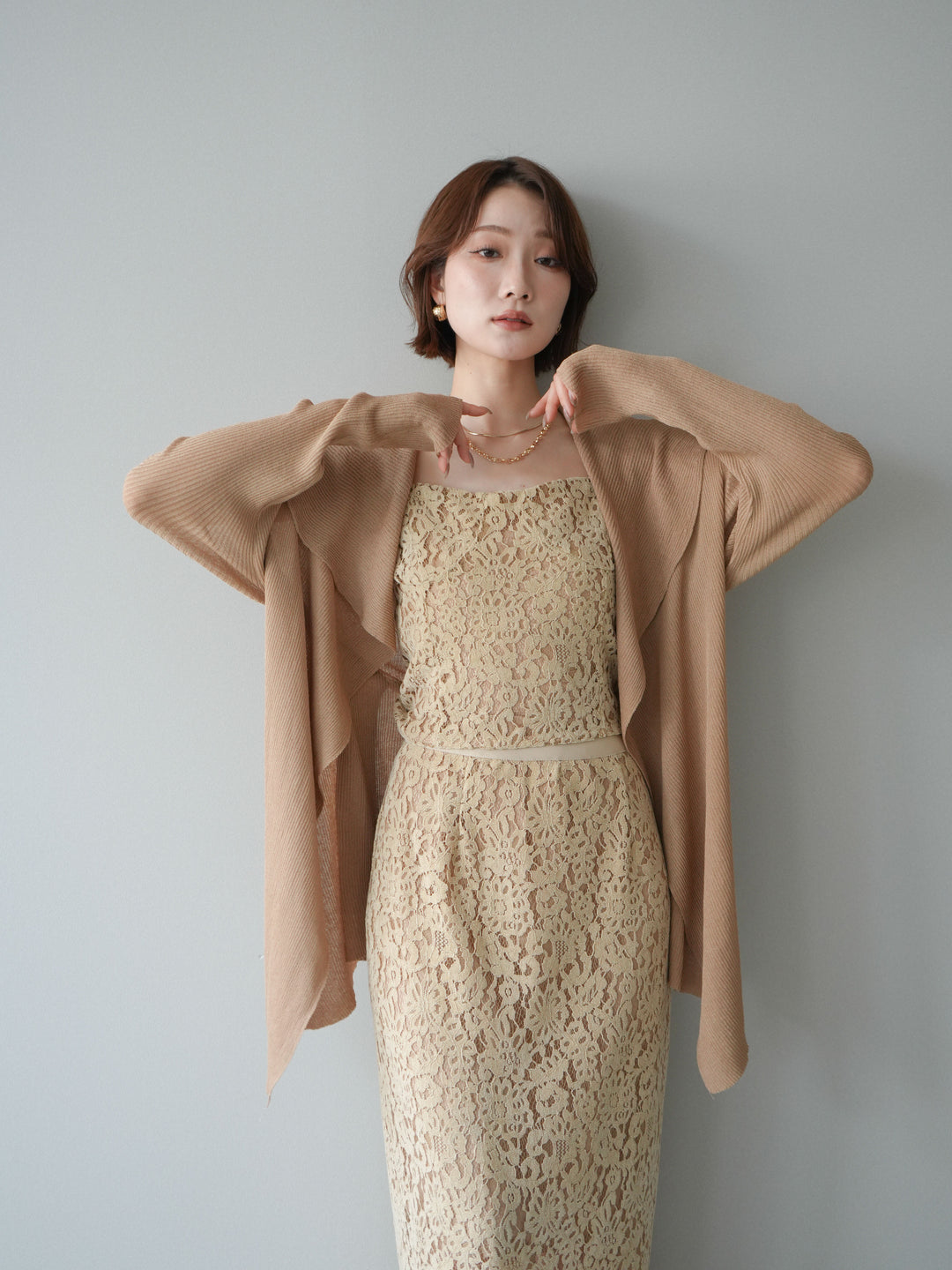 [SET]ドレープリブニットガウン+フルレースキャミ＆IラインスカートSET UP(2set)