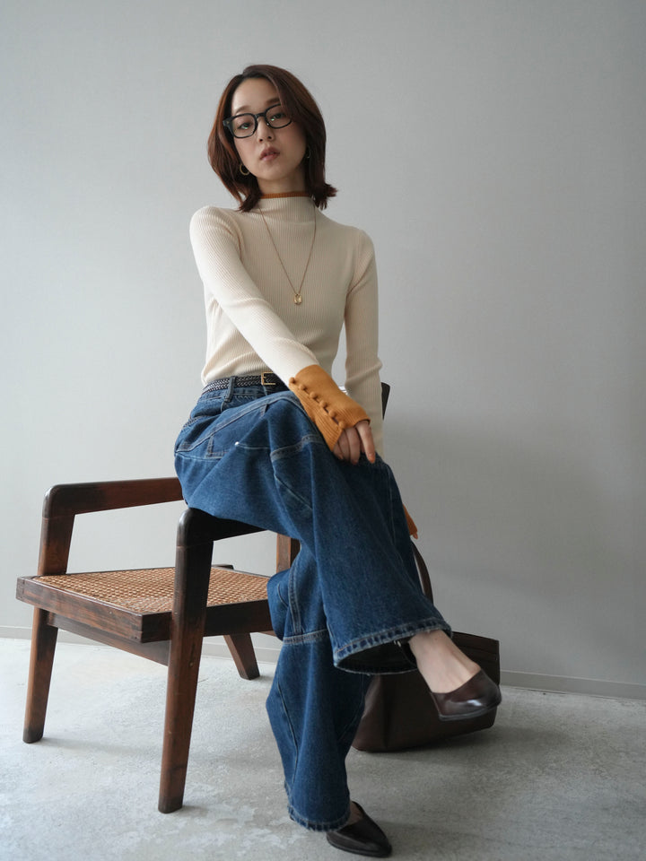 [予約]袖ボタンハイネック配色リブニットトップス/ivory