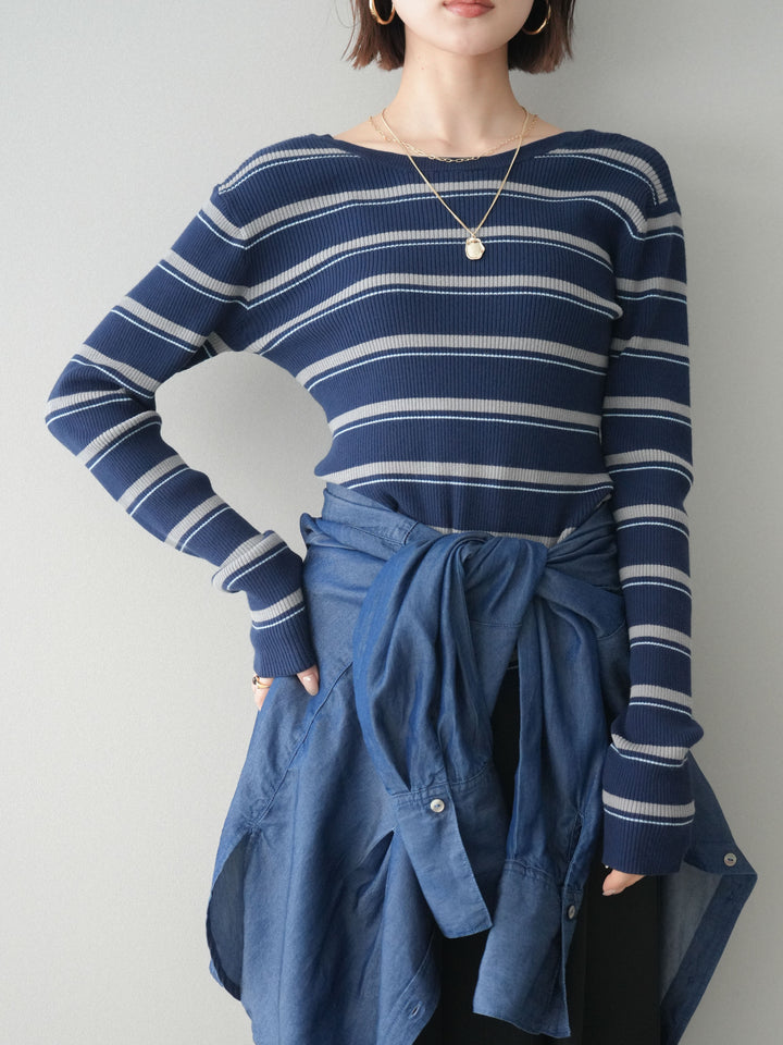 [予約]バックオープンテレコリブマルチボーダートップス/navy