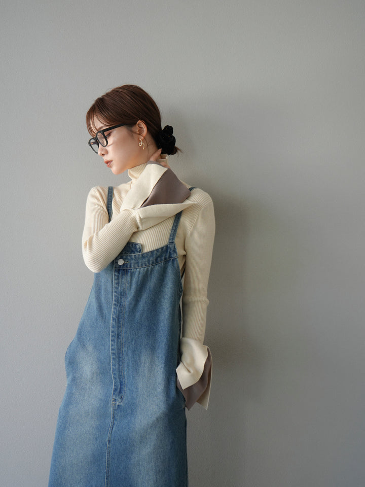 [3]ヘンリーネック配色リブニットトップス/アイボリー