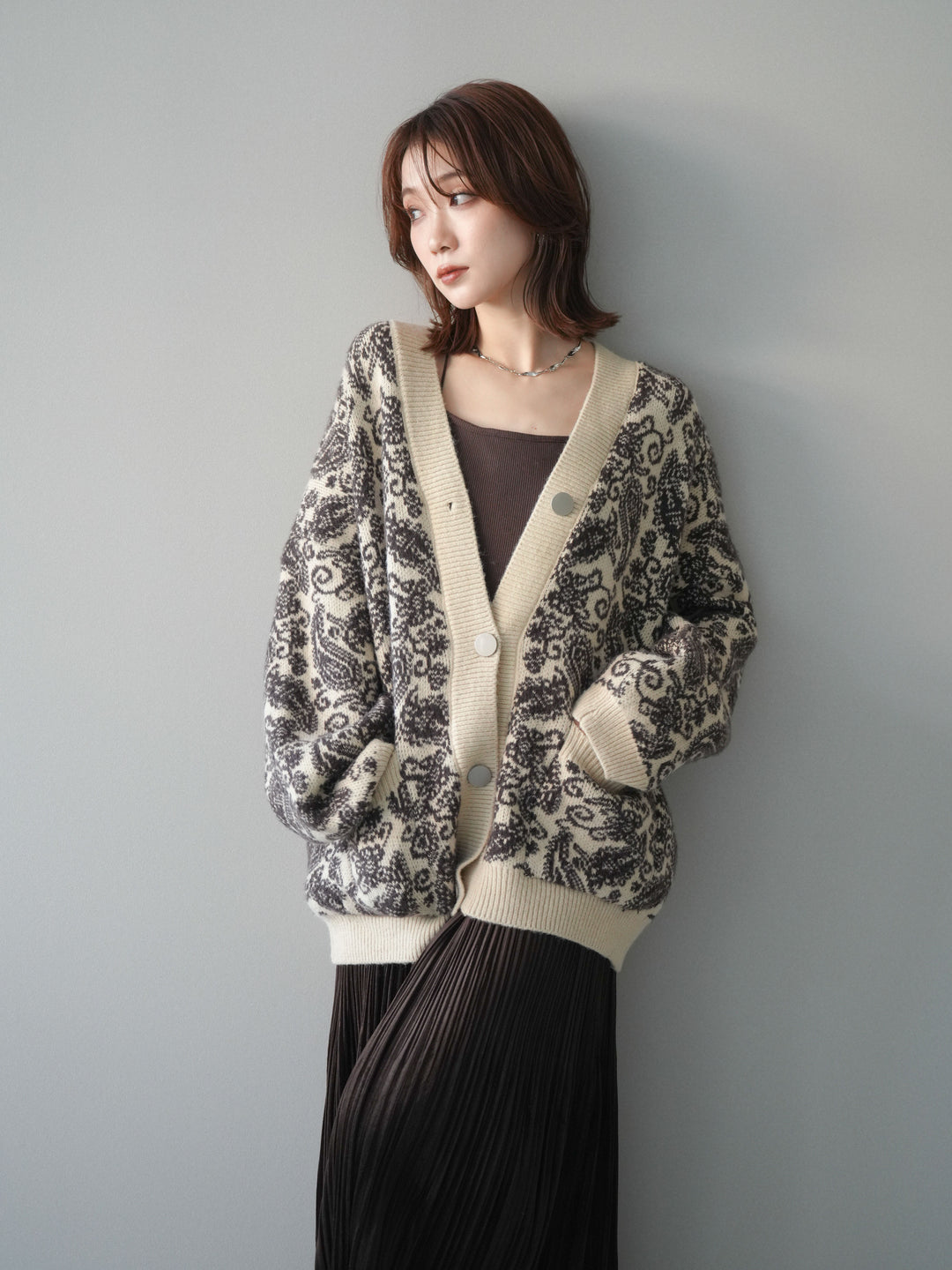 [予約]ペイズリー柄ニットカーディガン/brown