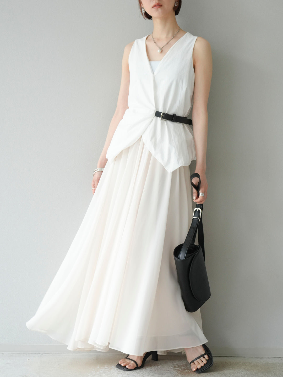 [予約]ベルトデザインバルーンブラウス/ホワイト