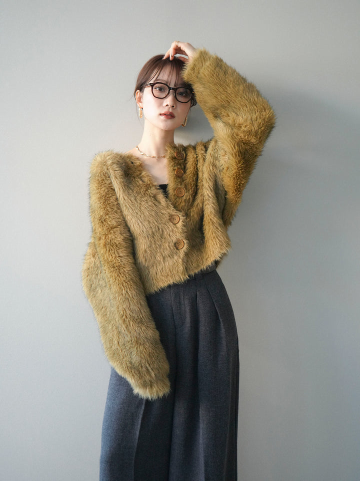 [予約]ミックスシャギーショートニットカーディガン/green