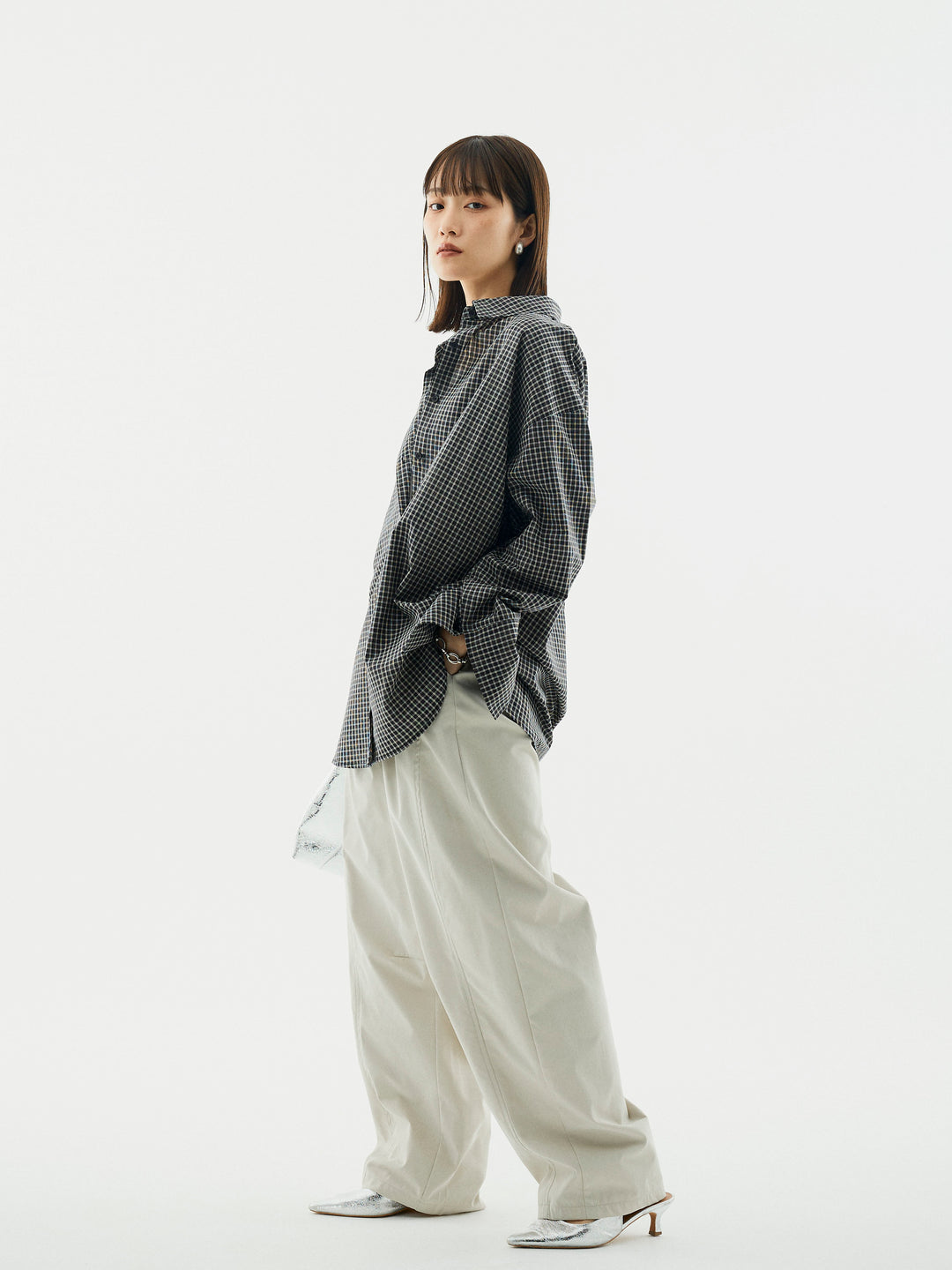 【Allure】[SET]チェックBIGカフスオーバーシャツ+タフタワイドカーブパンツ(2set)