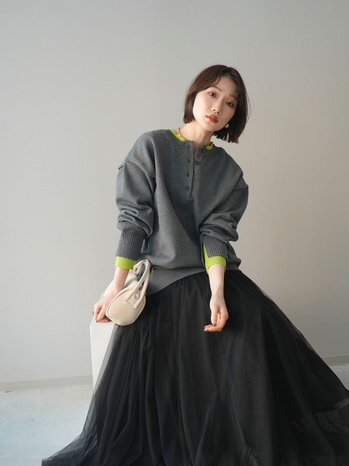 [予約]2WAYネック配色レイヤードニットプルオーバー/charcoal