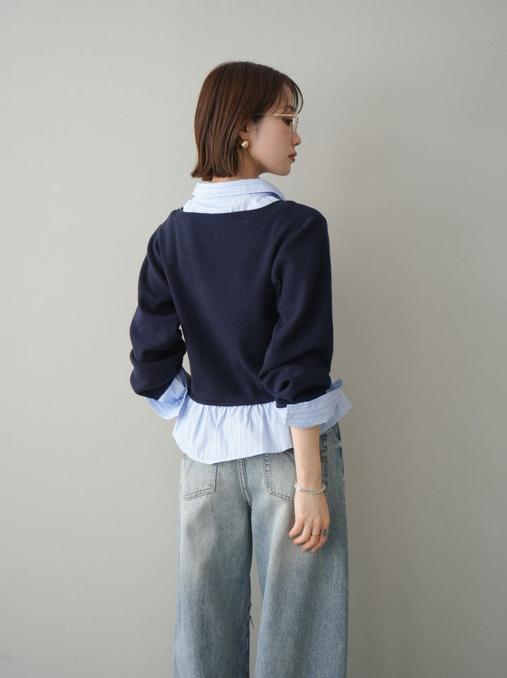 [予約]ストライプシャツUネックドッキングニットプルオーバー/navybluestripeB