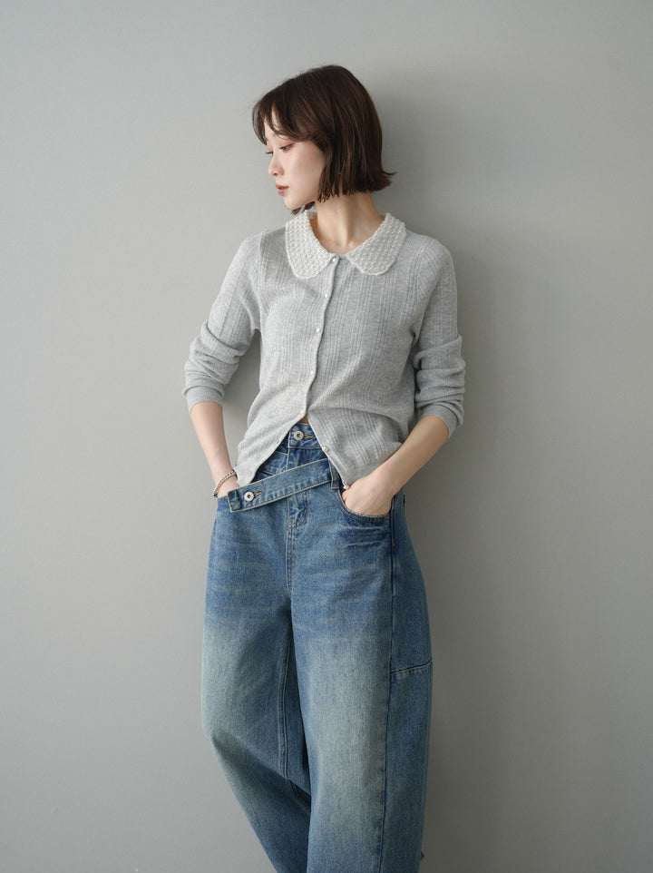 [SET]ビジュー襟パールボタンニットカーディガン+アシメデザインワイドデニムパンツ(2set)