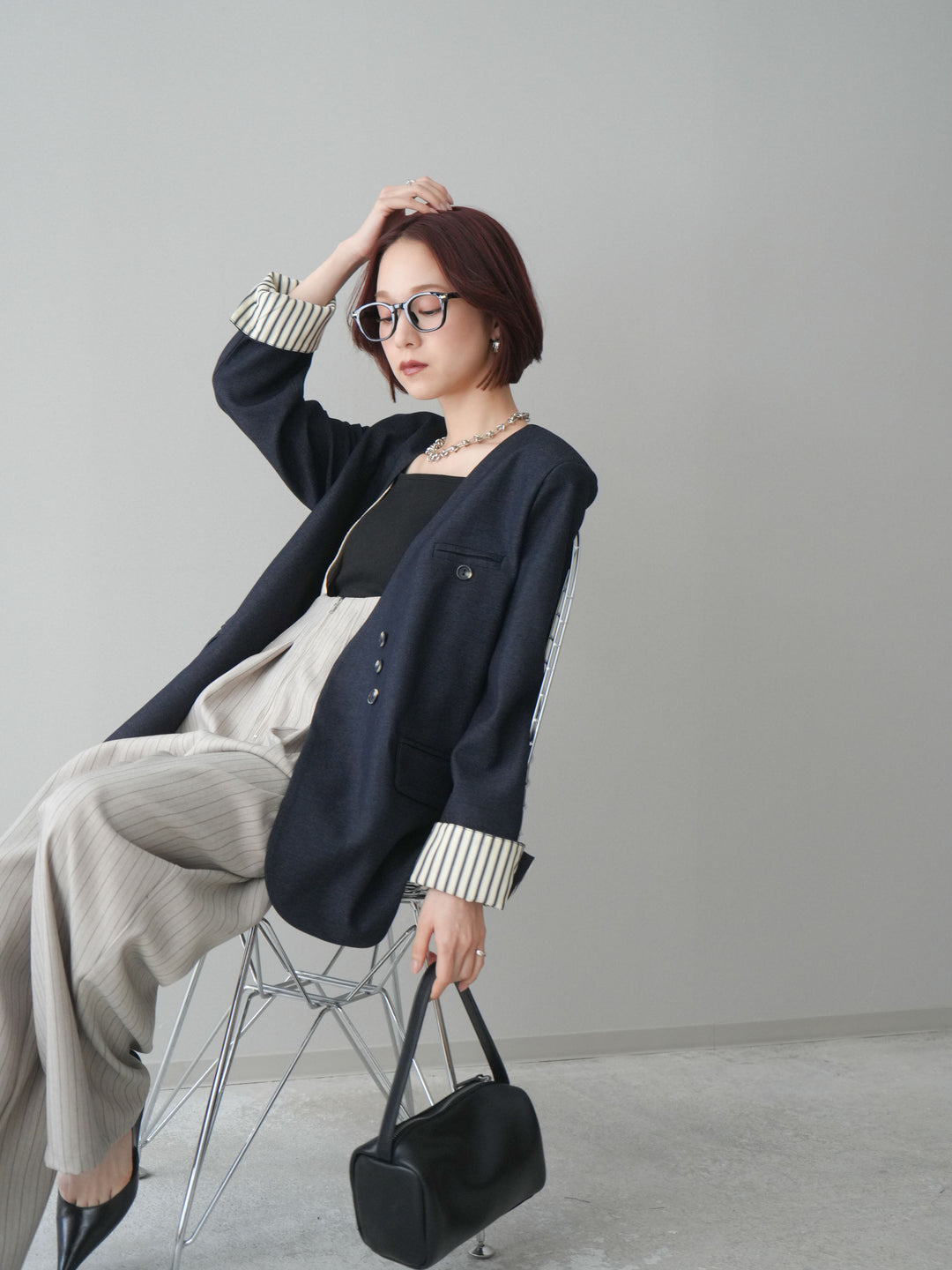 [SET]ノーカラージャケット+グログランテープストライプサロペット(2set)