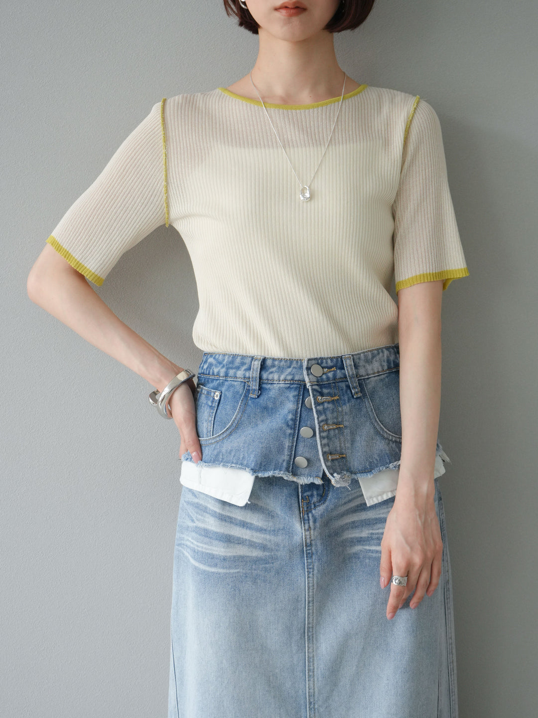 [予約]麻タッチ配色ニットハーフスリーブトップス/アイボリー