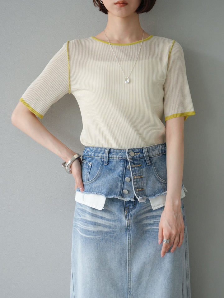 [予約]麻タッチ配色ニットハーフスリーブトップス/アイボリー