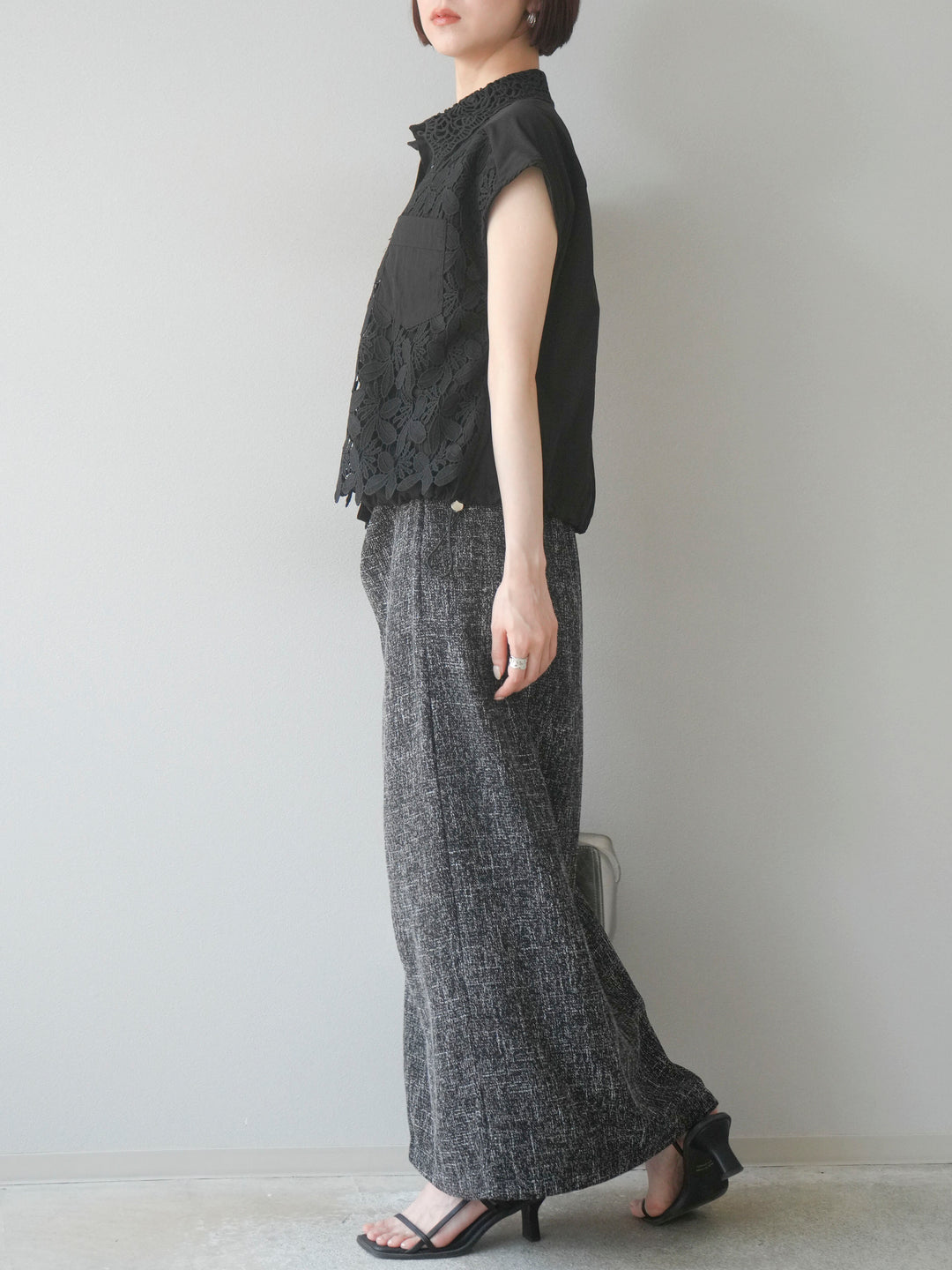 [予約]サマーツイードタックサイドスリットスカート/ブラックホワイト