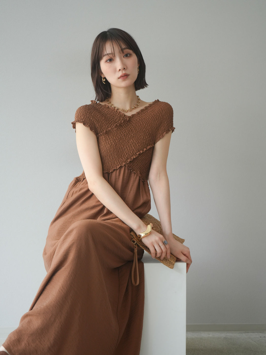 [SET]シャーリングクロスワンピース+シャーリングクロスワンピース(2set)