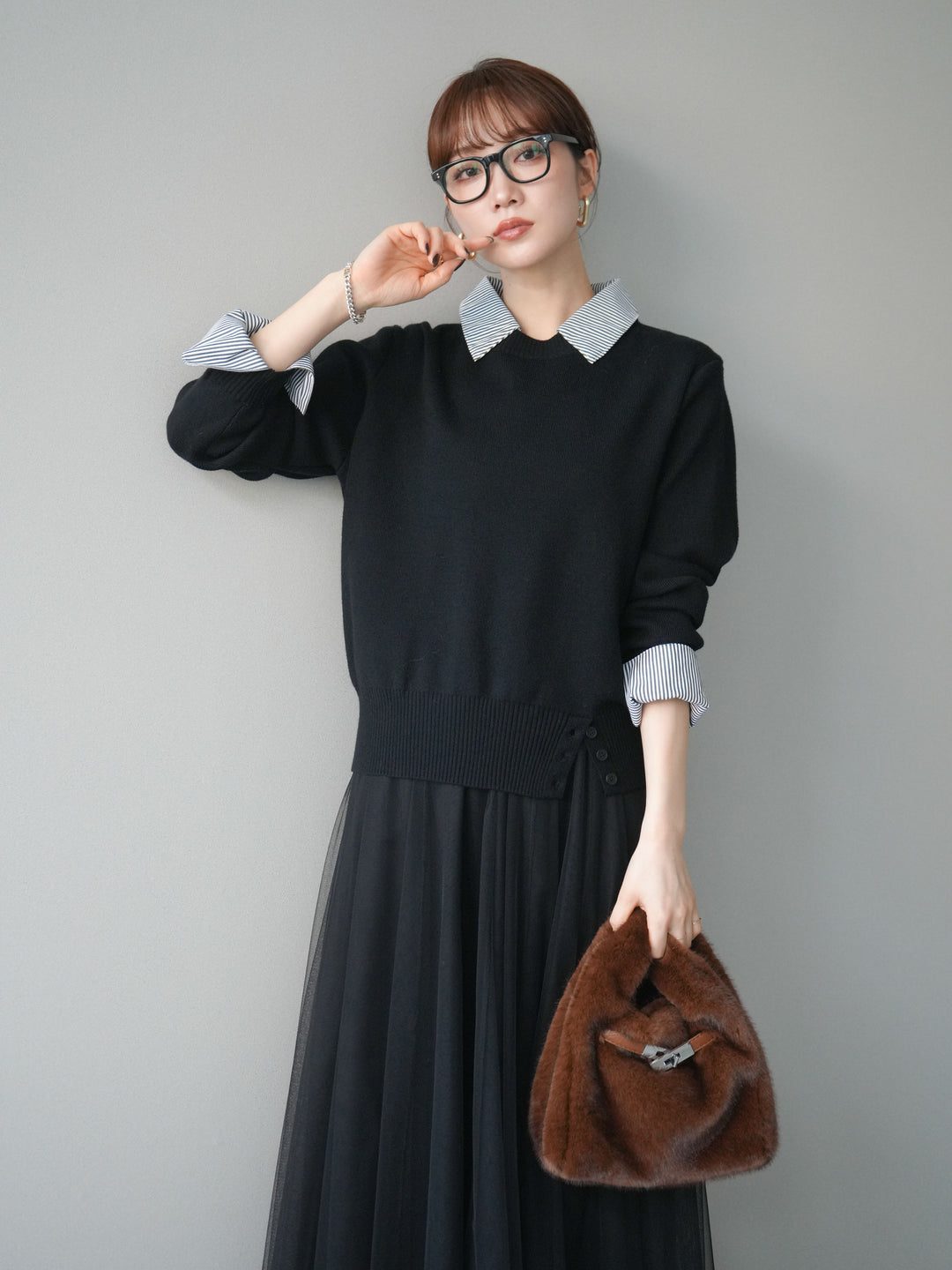 [予約]シャツドッキングデザイン裾ボタンニットプルオーバー/black