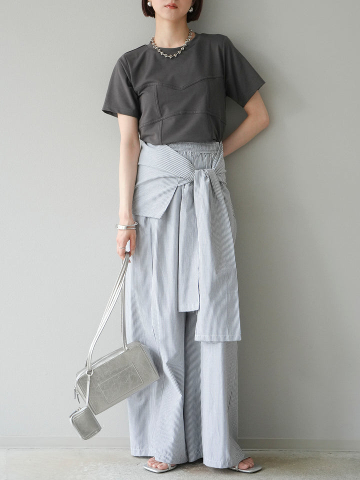 [SET]ビスチェデザインTシャツ+ウエスト巻きストライプイージーパンツ(2set)