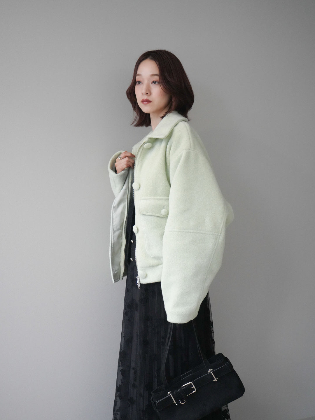 [SET]ウールライクフライトジャケット+フラワーフロッキーチュールプリーツスカート(2set)