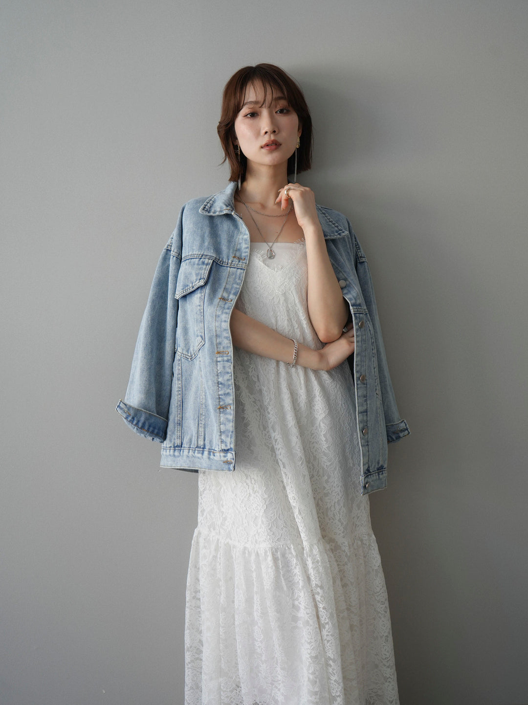 [予約]ギャザー切替レースキャミワンピース/white