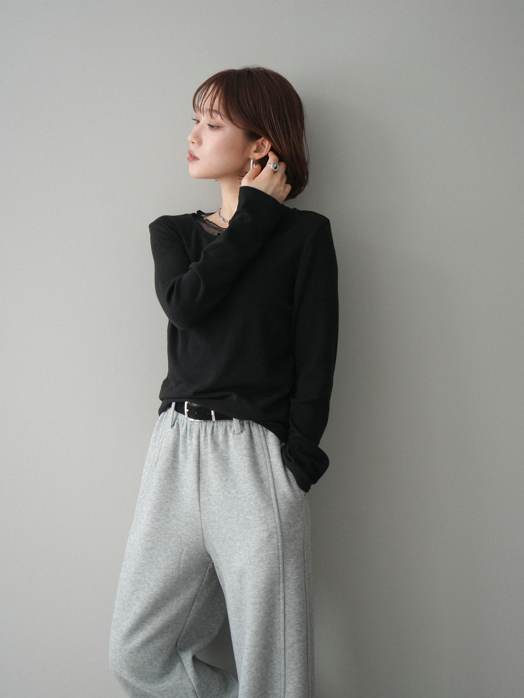 [予約]チュールレイヤードヘンリーネックカットソー/black