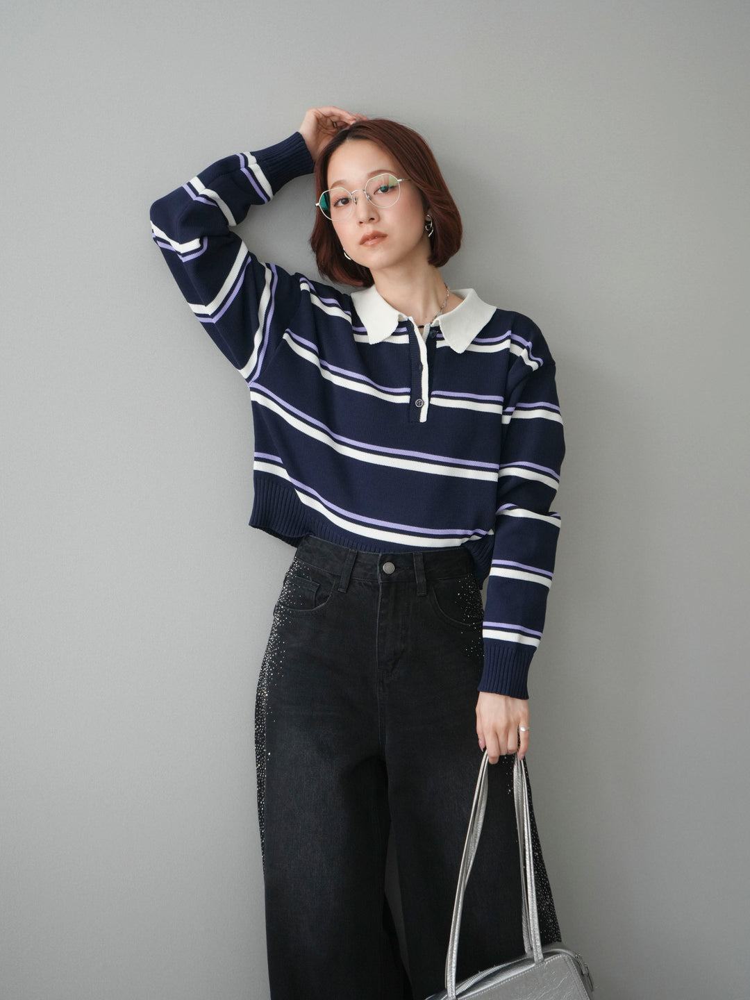 [予約]マルチボーダーポロニットトップス/navy