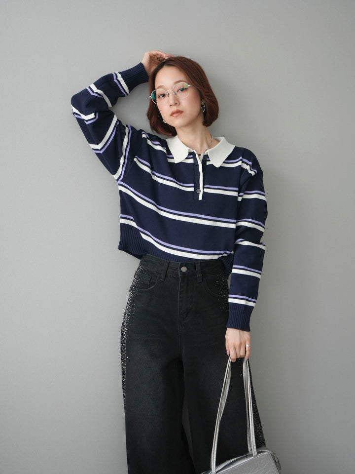 [予約]マルチボーダーポロニットトップス/navy