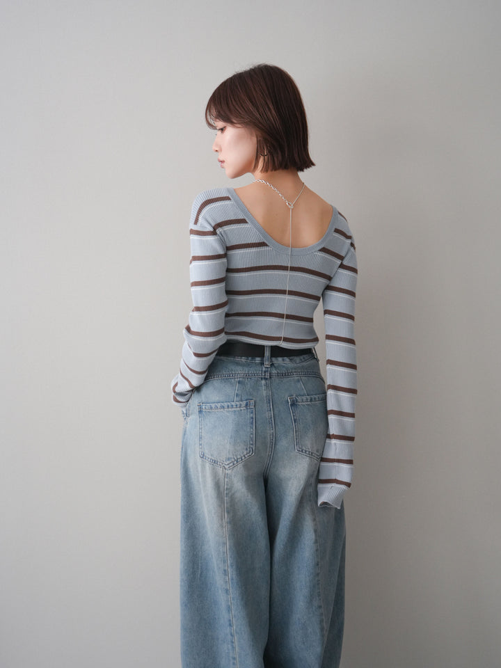 [予約]バックオープンテレコリブマルチボーダートップス/blue