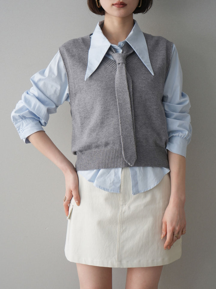 【套裝】蝴蝶結針織背心套裝襯衫+繫帶工裝迷你裙（兩件組）