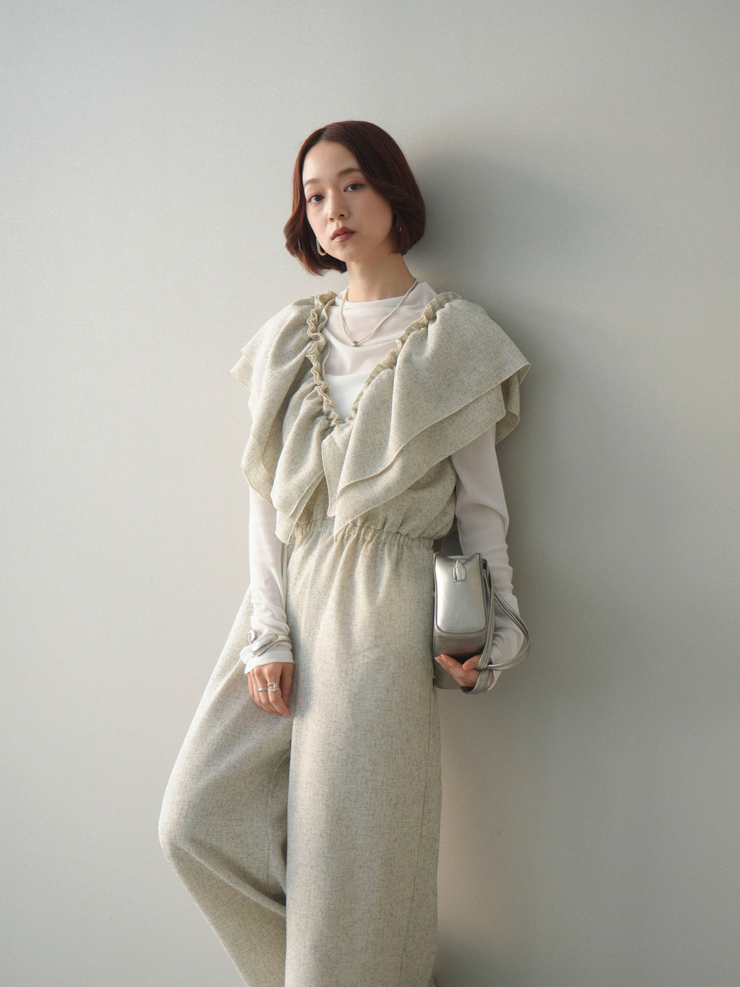 [SET]3WAYミックスツイードギャザーオールインワン+シアープチネックストレッチトップス(2set)