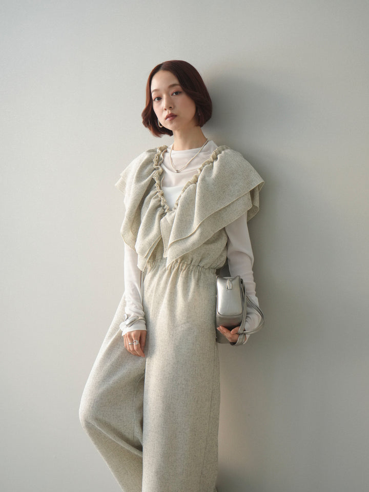 [SET]3WAYミックスツイードギャザーオールインワン+シアープチネックストレッチトップス(2set)