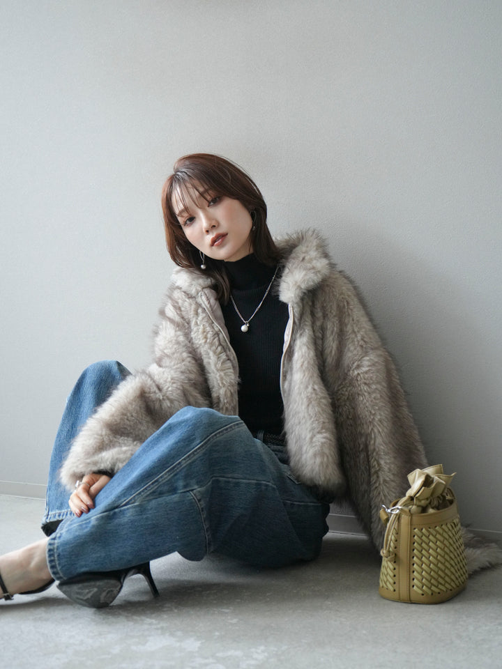 [予約]フェイクファーショートZIPジャケット/beigemix