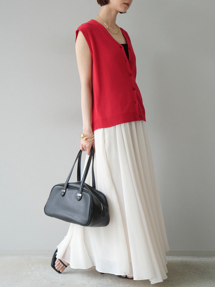 [SET] V領人造絲針織背心+雪紡喇叭裙（2件組）