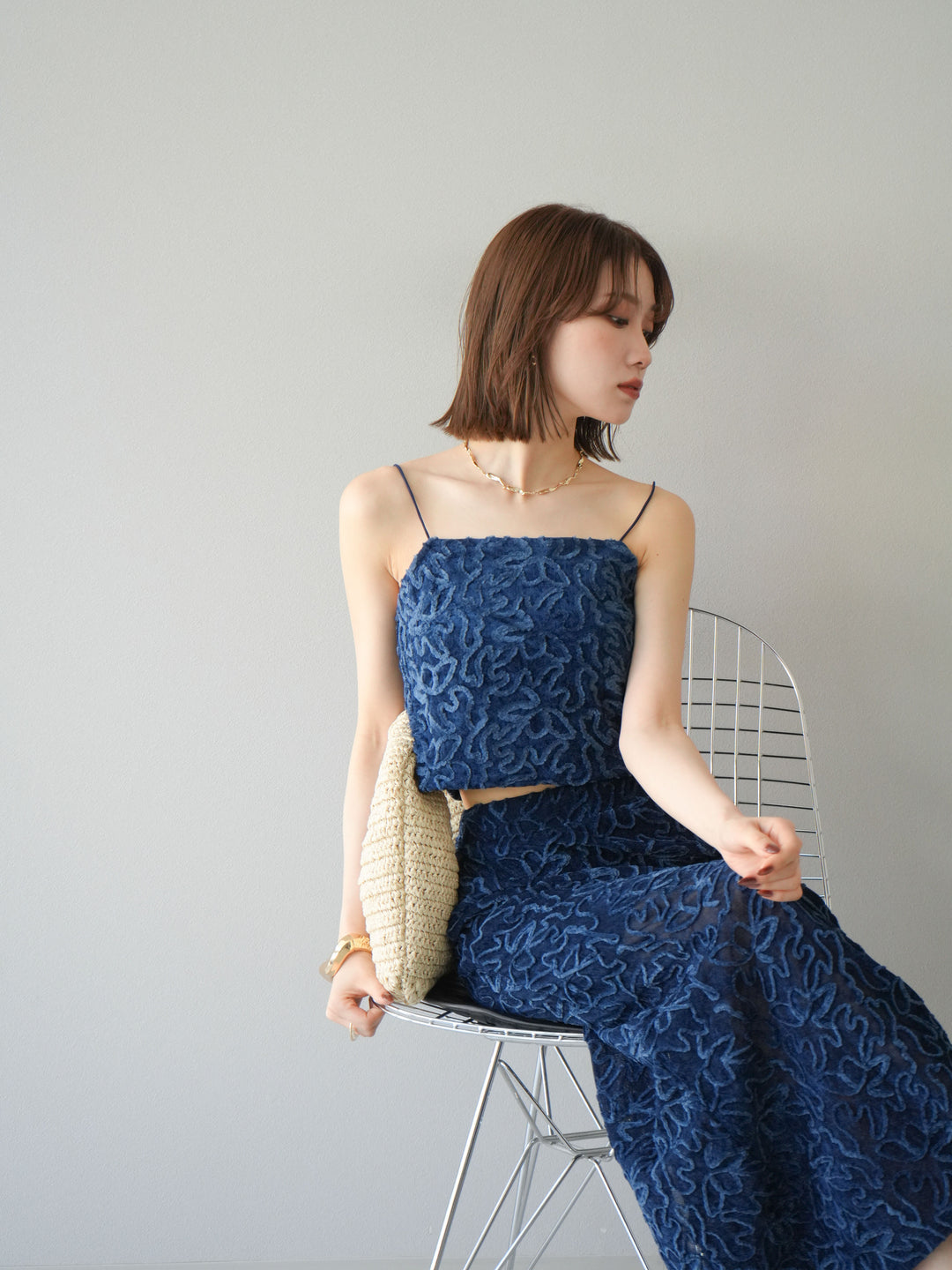 [予約]パイピングフラワーシアーベロアキャミソール/ネイビー