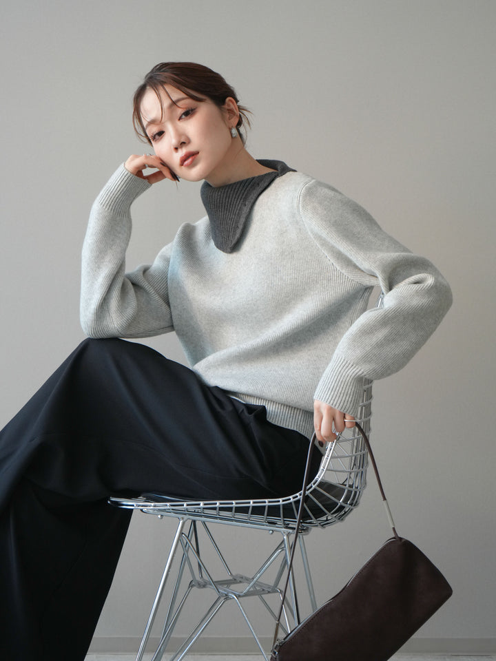 [予約]デザインネックバイカラーニットプルオーバー/gray