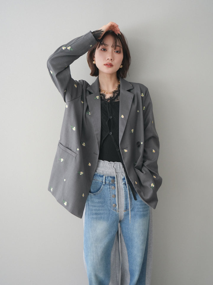 [予約]フラワー刺繍テーラードジャケット/gray