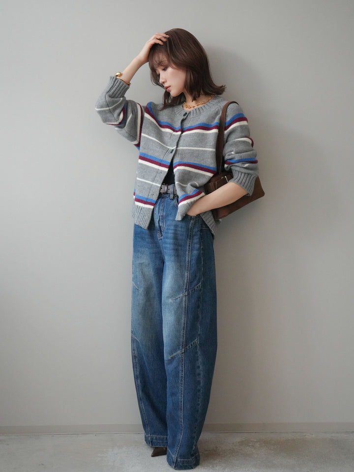 [SET]ランダムボーダーニットカーディガン+デザインステッチカーブデニムパンツ(2set)